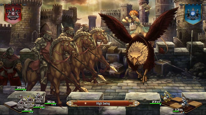 Un jinete de grifo lanza un hacha hacia los enemigos en una captura de pantalla de Unicorn Overlord