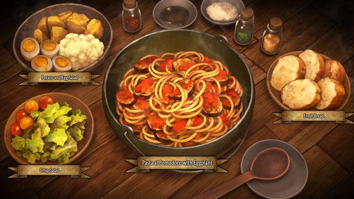 Pasta, salad, and bread served on a table in a screenshot from Unicorn Overlord