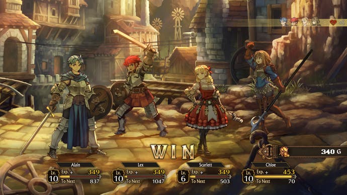 Un grupo de guerreros hace una pose de victoria en una captura de pantalla de Unicorn Overlord.