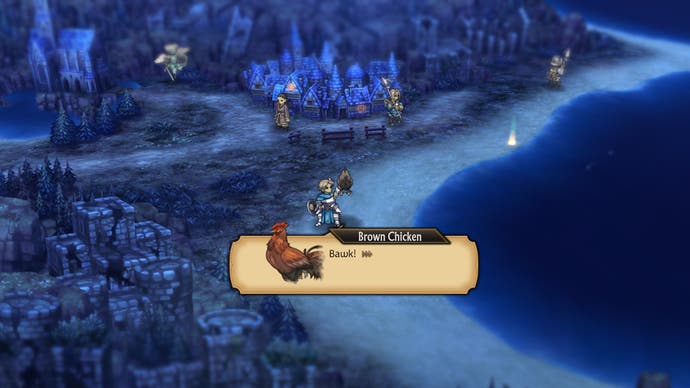 Alain holds up a brown chicken in the overworld in a screenshot from Unicorn Overlord