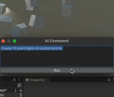 A gif showing AI natural language prompts for Unity engine in action as lighting is adjusted according to the text