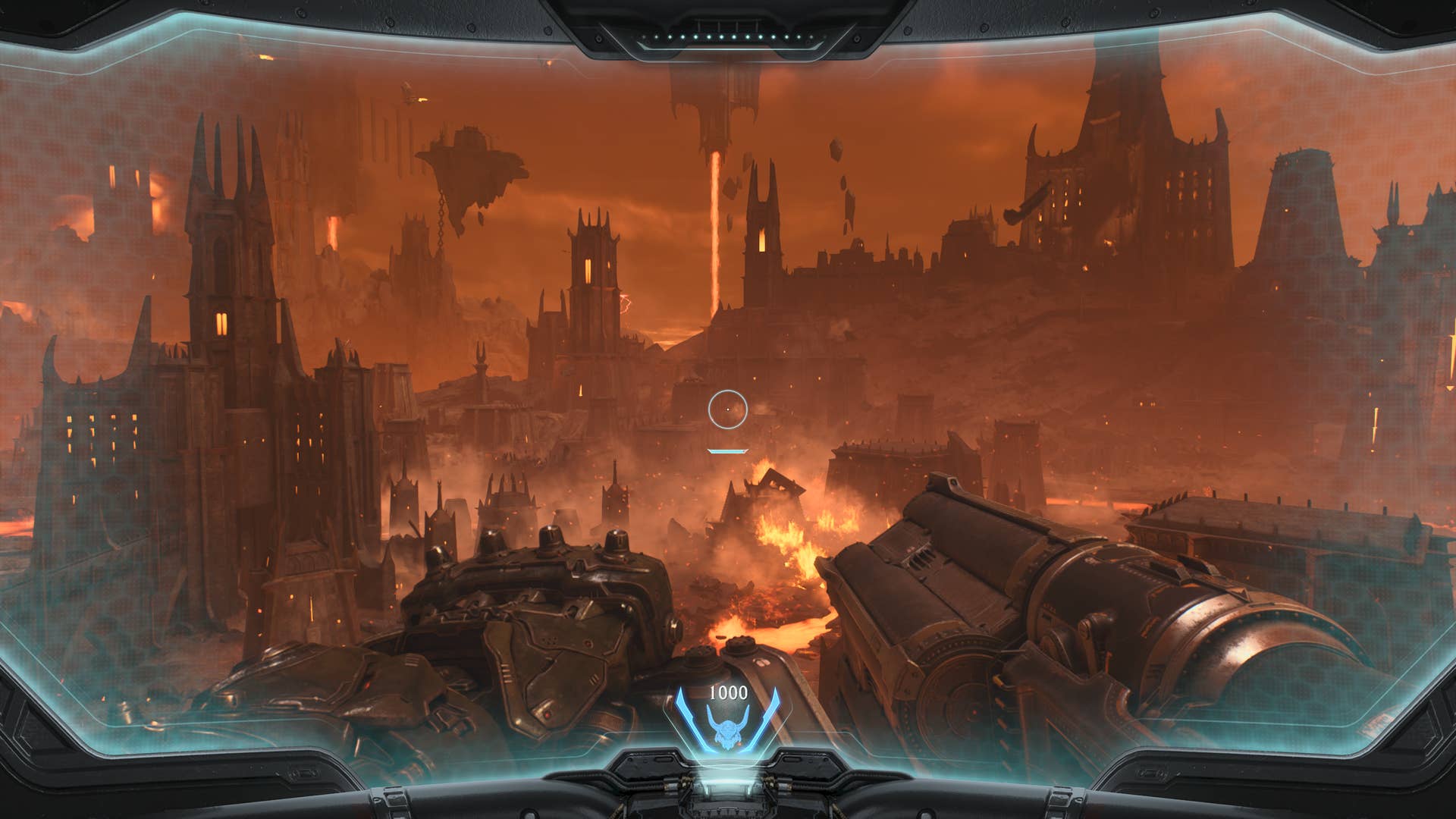 A raised view of Hell through a robot visor in Doom: The Dark Ages.