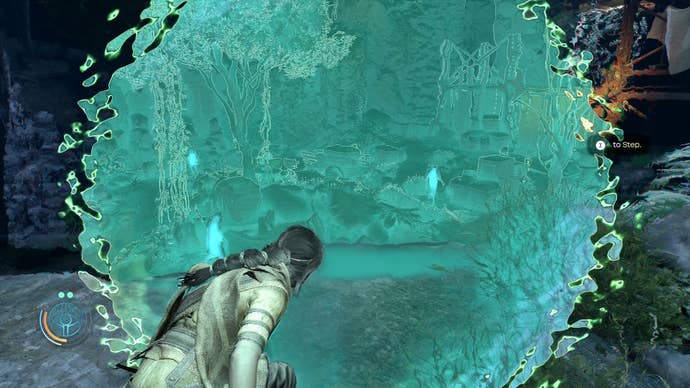 A woman peers through a blue portal in reality to highlight enemies in Unknown 9: Awakening