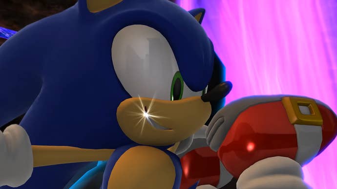 Extreme close up of Sonic the Hedgehog with a glint in his teeth