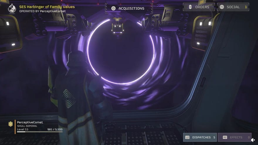 A Helldivers 2 player looking out the window of their destroyer at a purple-rimmed black hole
