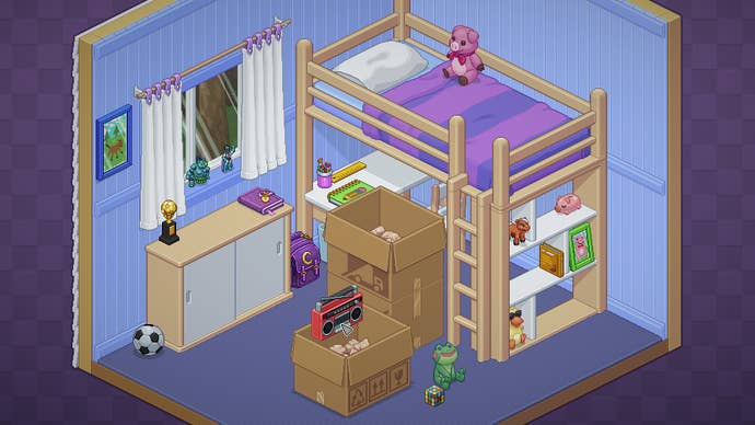A child’s bedroom filled with cardboard boxes. One of the boxes is open and toys and nik-naks are placed in the room in Unpacking