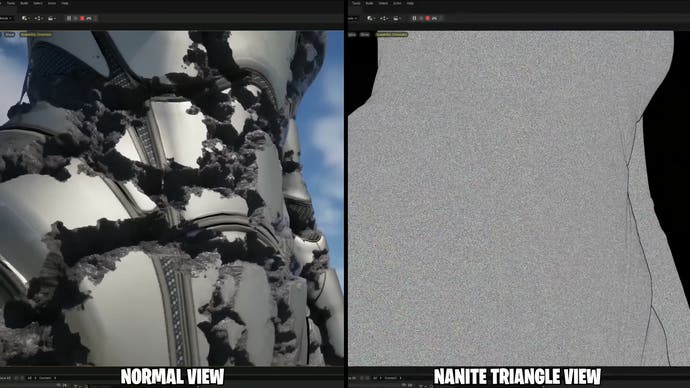 showing a normal and nanite triangle view of a character with Unreal Engine 5's Nanite enabled