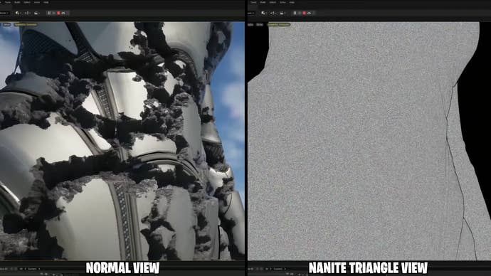 showing a normal and nanite triangle view of a character with Unreal Engine 5’s Nanite enabled