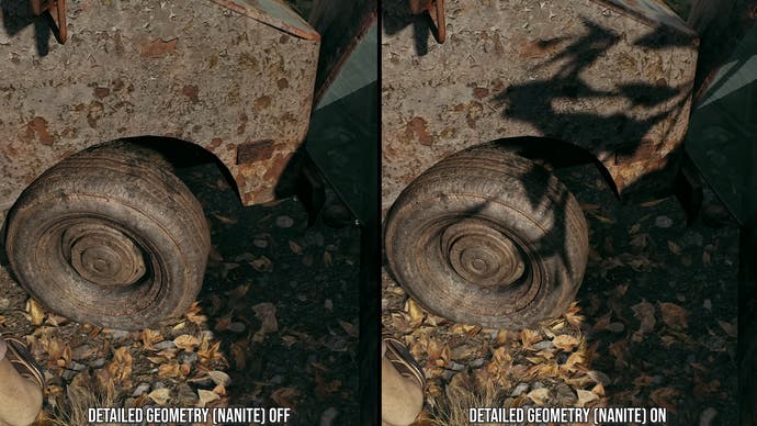 A comparison between Nanite being enabled and disabled in Remnant 2.