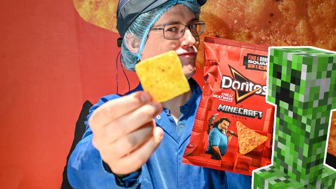 A man holds a square Dorito, next to a Minecraft Creeper.