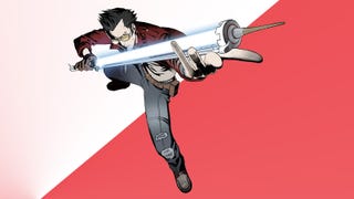 Travis Touchdown holding his electric sword gingerly.