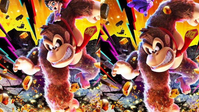 Donkey Kong Bananza artwork with and without Baby Pauline.