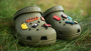 A pair of green Crocs.
