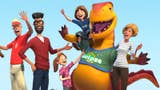Planet Coaster artwork featuring park guests and a mascot in a dinosaur costume.