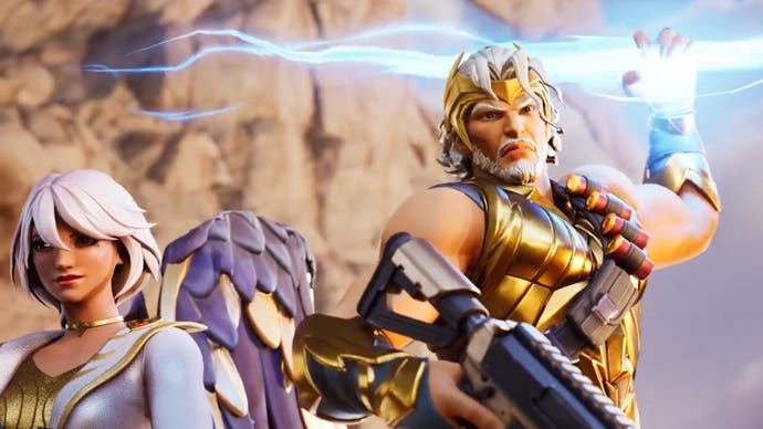 Zeus lines up a lightning bolt shot in this screenshot from the Fortnite Chapter 5 Season 2 trailer.