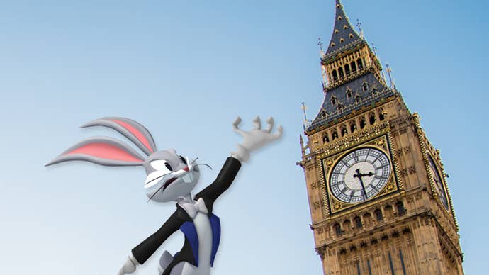 Bugs Bunny shakes his fist at Big Ben.