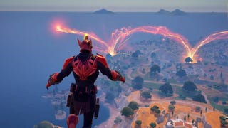 Screenshot of the Fortnite statue mini event showing red energy skimming out across the sea.