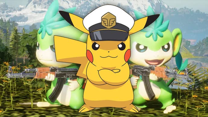 Captain Pikachu stands in front of two monkey Palworld creatures.