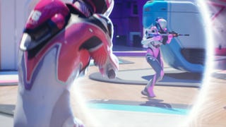 Splitgate 2 trailer image showing a colourful character shooting through a portal.