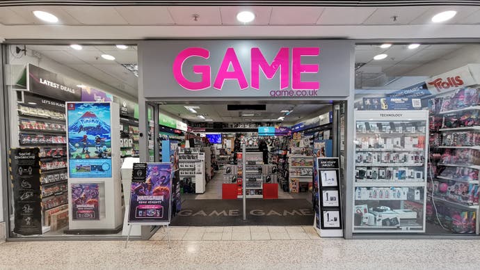 The shopfront of GAME's Redhill outlet in Surrey, showing the brand's logo in big purple letters.