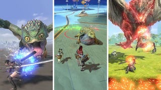 Monster Hunter Now images show players attacking creatures.