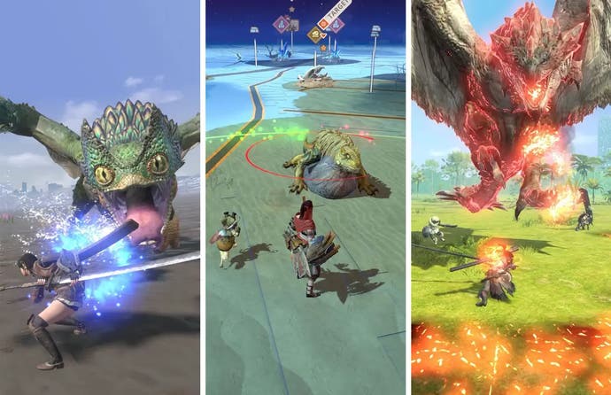 Monster Hunter Now images show players attacking creatures.