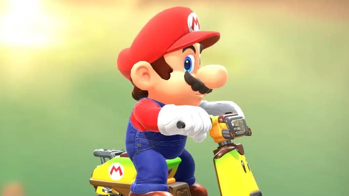 Mario Kart World screenshot showing Mario on a motorbike.