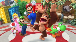 Super Nintendo Land Orlando artwork featuring Mario, Donkey Kong and the gang.