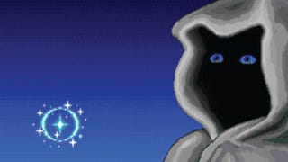 A hooded figure with blue eyes looks out, their features hidden in shadow.