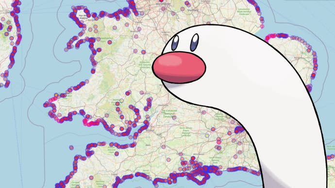 The suspicious-looking Pokémon Wigglet, which has a long white body and pink tip, looks at a fan-made map of the UK showing spawn locations.