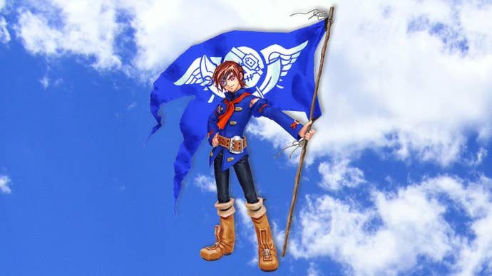 Skies of Arcadia hero Vyse standing in front of some clouds.