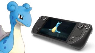 The Pokémon Lapras looks on at the Pal Kelpsea on a Steamdeck.