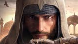 Assassin's Creed Mirage main character Basim in a hood, staring at the camera. An eagle flies in the sky behind him.
