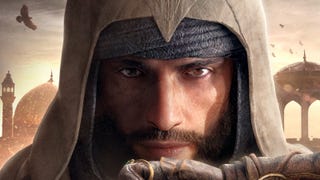 Assassin's Creed Mirage main character Basim in a hood, staring at the camera. An eagle flies in the sky behind him.