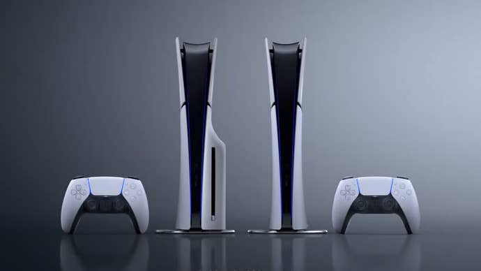 Sony’s redesigned PlayStation 5 “Slim” with optional disc drive add-on.