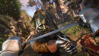 Kingdom Come Deliverance 2 screenshot showing a knight attacking the player in first-person view.