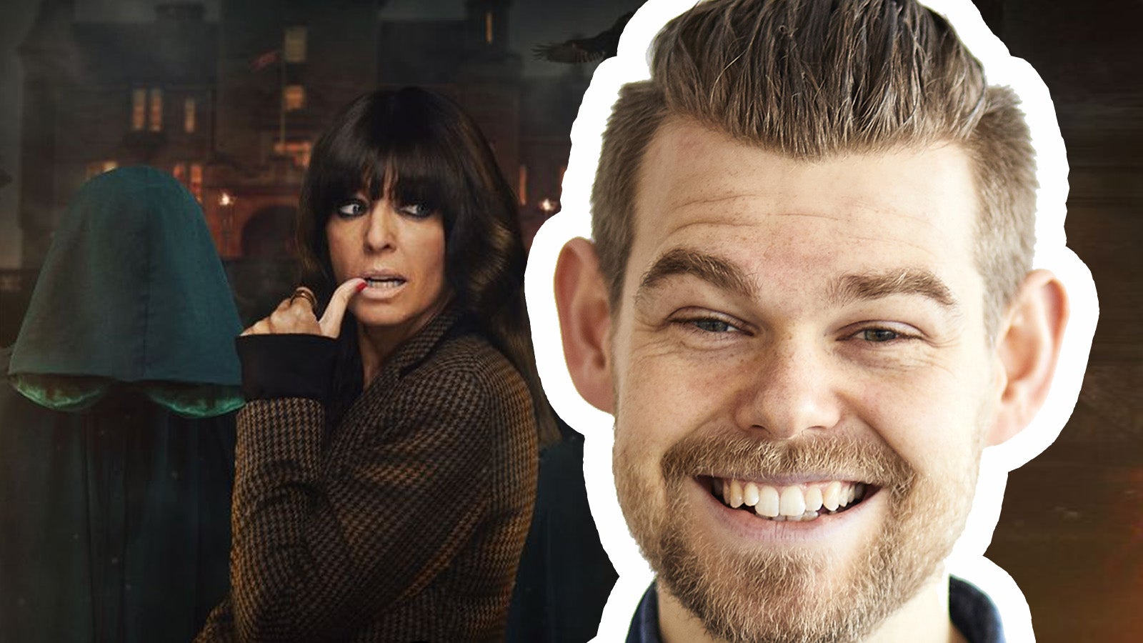 The Traitors UK series one contestant Ivan Brett smiles in front of artwork for the show, featuring presenter Claudia Winkleman looking on, tensely.