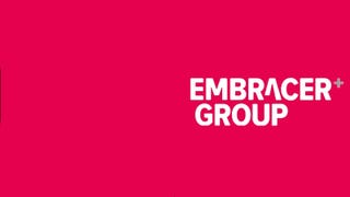 The Embracer Group logo on a red background.