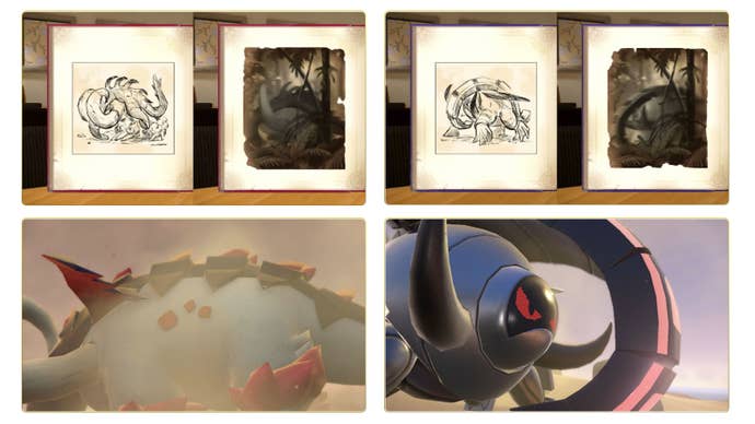 Pokémon Scarlet and Violet’s respective adventure books, which appear to offer different versions of a new Donphan evolution.