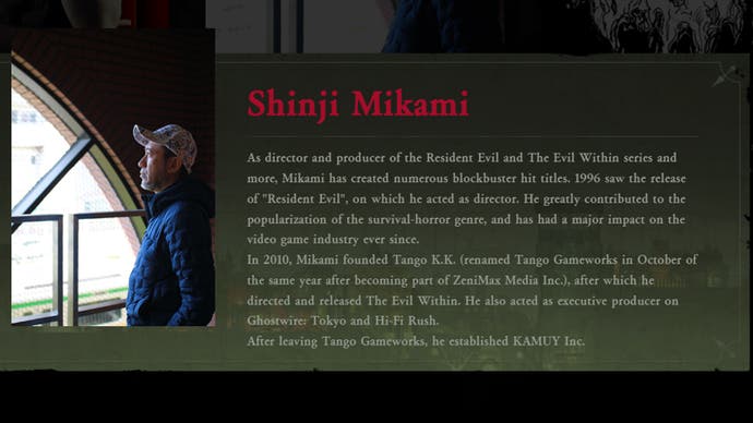 A screenshot of the Shadows of the Damned website showing Shinji Mikami's bio.