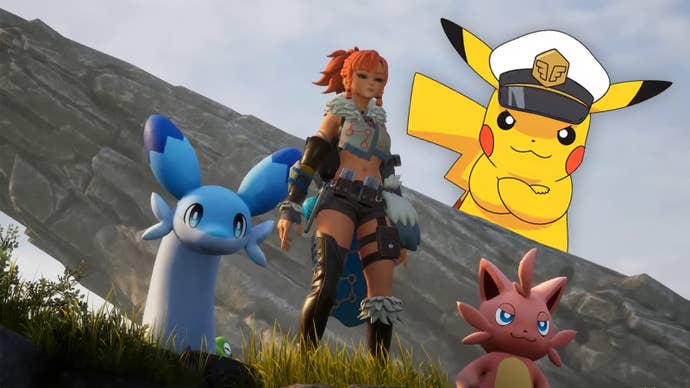 Captain Pikachu looks on at Palworld characters on a hillside.
