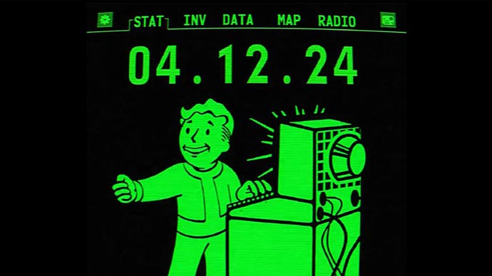 A green smiling Pip-Boy character from Fallout shares the launch date for Amazon's streaming series.