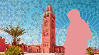 Assassin's Creed silhouette next to Marrakech skyline artwork.