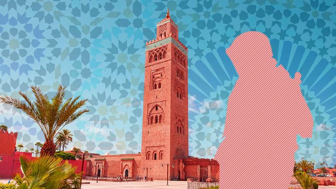 Assassin’s Creed silhouette next to Marrakech skyline artwork.