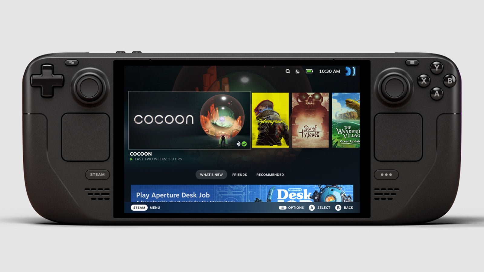 A product shot of the new Steam Deck OLED, with its larger screen lit up showing the Steam desktop.