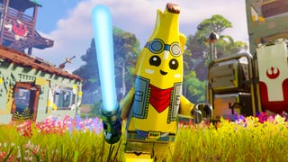 Lego Peely the banana holds a lightsaber.