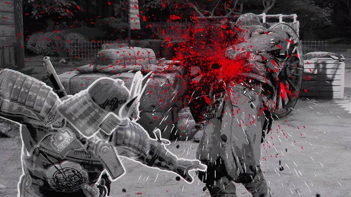 Yasuke finishes an enemy with an explosion of red blood.