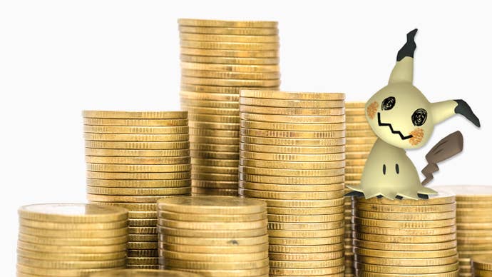 Mimikyu sitting on a pile of gold coins.