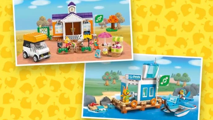Lego Animal Crossing sets including a town hall and Dodo Airlines seaplane port.