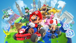 Mario Kart Tour artwork showing Mario and other characters in race karts.